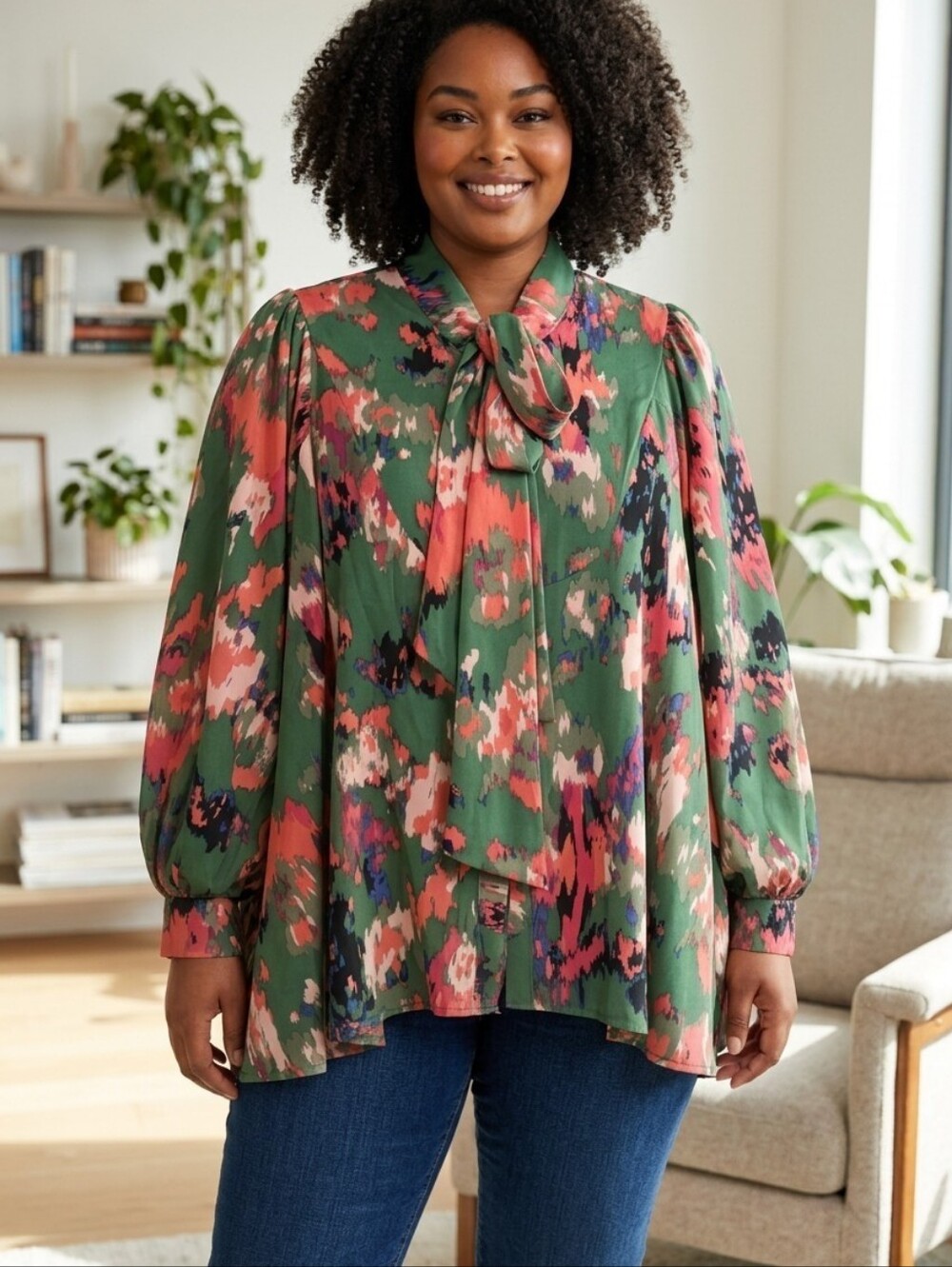 Abstract Green Tie-Neck Blouse with Coral Brushstroke Print